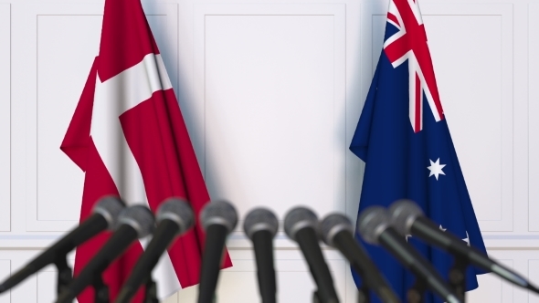 Flags of Denmark and Australia at International Press Conference alt