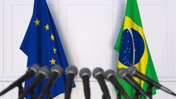Flags of the European Union and Brazil at International Press Conference alt