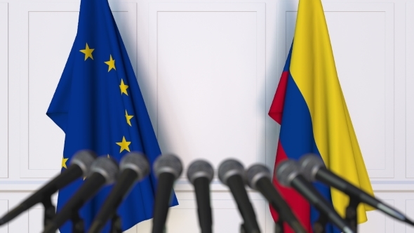 Flags of the European Union and Colombia at International Press Conference alt