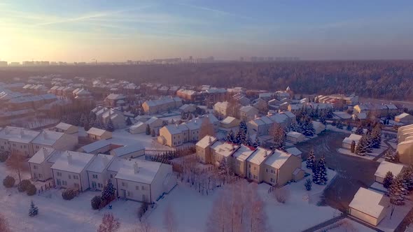 Aerial view of a Russian suburb or Moscow on a bright, cold, winter's day