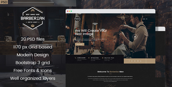 Barberian - Professional Barber Shop & Hair Salons PSD Template