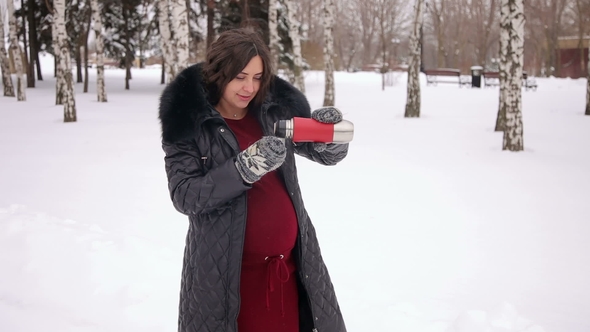 Pregnant Girl Drinking Tea in the Winter Park