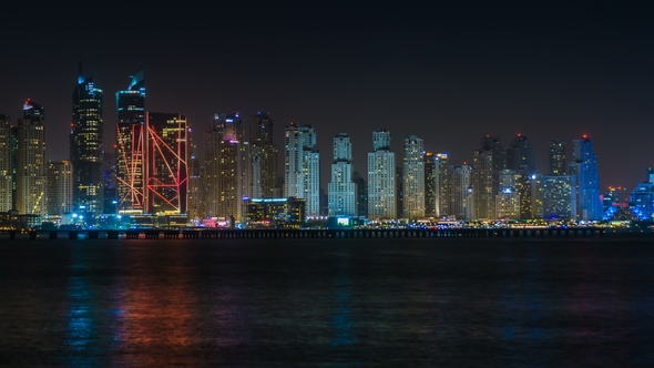 Scenic View of Dubai Marina Skyscrapers, Night Skyline, View From Palm Jumeirah, , United Arab