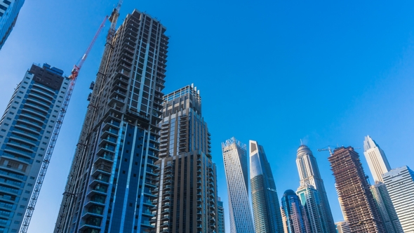 Look Up View To Skyscrapers Dubai Marina Construction New Building Sunset  Uae