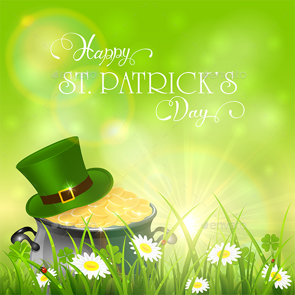 Patrick Day Background and Green Hat with Gold of Leprechauns