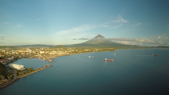 Aerial Panorama of the City of Legaspi in the Morning at Dawn