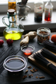 Black rice vermicelli and vegetables on the table, bottles of vinegar on the windowsill. - PhotoDune Item for Sale
