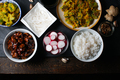 Pieces of teriyaki chicken, rice vermicelli and tempura broccoli on the table top view. - PhotoDune Item for Sale