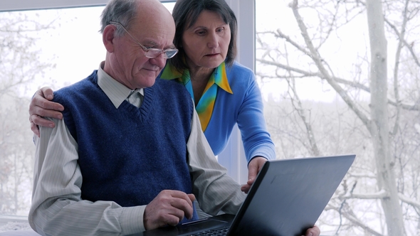 Family Atmosphere, Old People Work with Computer on Internet Indoors