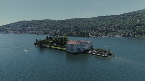 Isola Bella Castle Passenger Ship Voyage on the Mountain Italy Lake, Drone  Nature Flight
