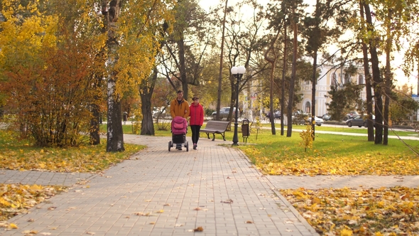 An Infant with Parents Walks with Stroller on Road in Park. Happy Family Walking with Baby