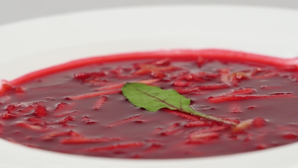 Ukrainian and Russian National Food - Red Beet Soup Borscht with beef.Moldovan Soup. . Plate of