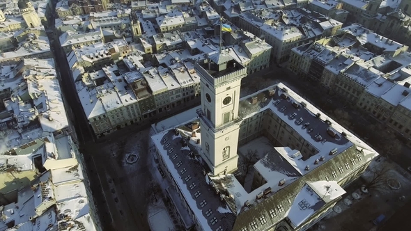 Lviv City Centre in Snow From Above in Winter. Lviv, Ukraine