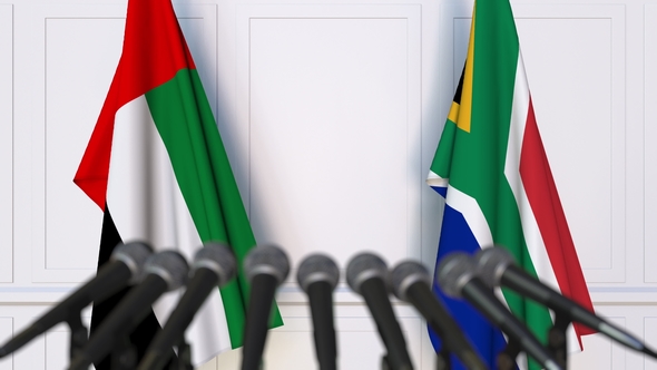 Flags of the UAE and South Africa at International Press Conference alt