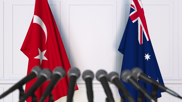 Flags of Turkey and Australia at International Press Conference alt