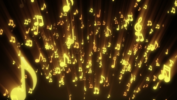 Abstract Flow of Golden Musical Notes Flying Into the Camera