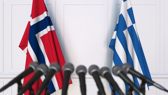 Flags of Norway and Greece at International Press Conference alt
