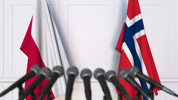 Flags of Poland and Norway at International Press Conference alt