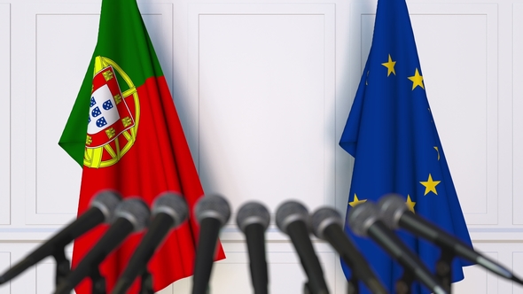 Flags of Portugal and the European Union at International Press Conference alt
