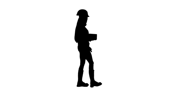 Builder Girl Carries a Brick and Thrumbs Up . Silhouette