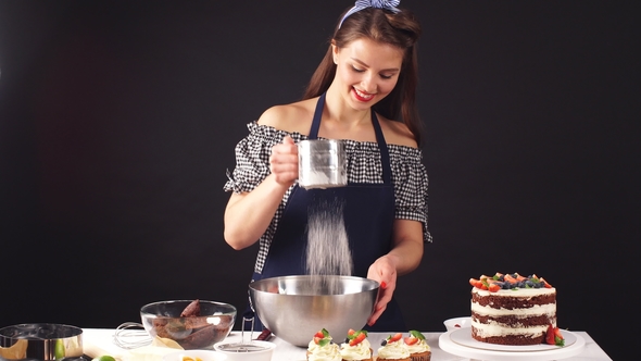 Skilled Confectioner Adding Ingredients for Preparation of Dough, Baking Cake.