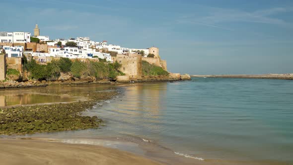 Static view of the Bou Regreg river and harbor that flows into the Atlantic at Rabat in Morocco with