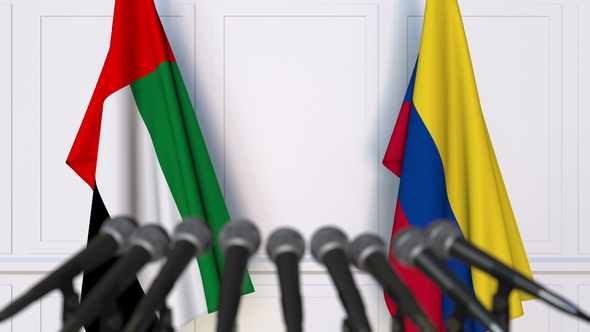 Flags of the UAE and Colombia at International Press Conference alt
