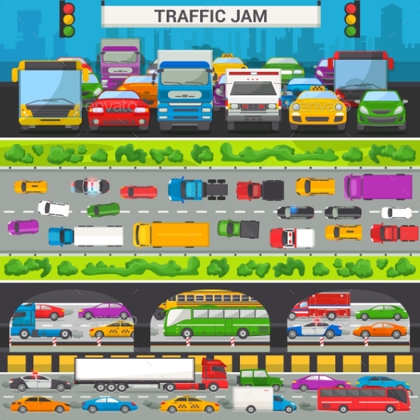Traffic Jam Vector Transport Car Vehicle and Bus