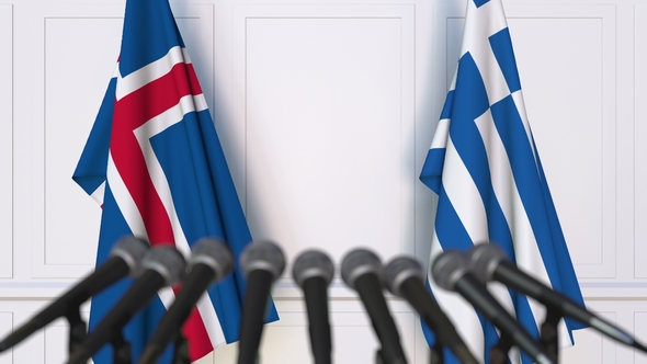Flags of Iceland and Greece at International Press Conference alt