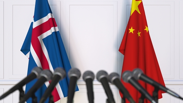 Flags of Iceland and China at International Press Conference alt