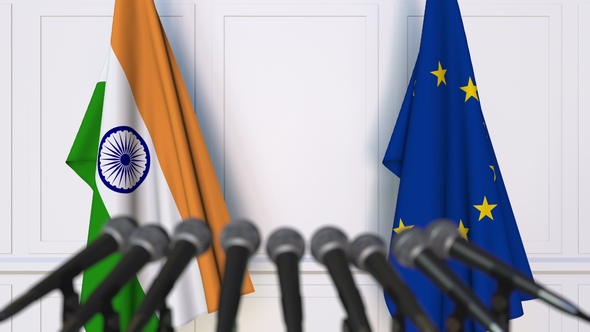 Flags of India and the European Union at International Press Conference alt