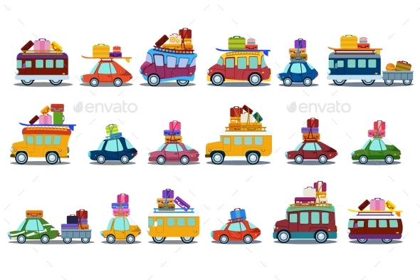 Flat Vector Set of Colorful Cars, Buses and Vans