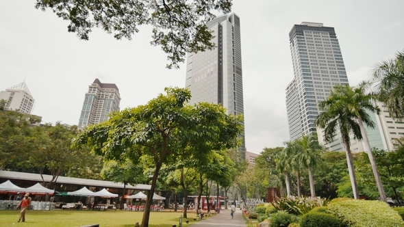 Gardens and Skyscrapers Seen at Ayala Triangle Park, in Makati, Metro Manila.