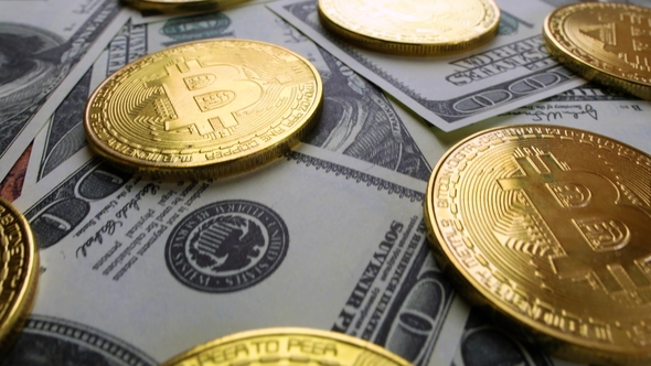 Gold Bit Coin BTC Coins and Dollar Bills