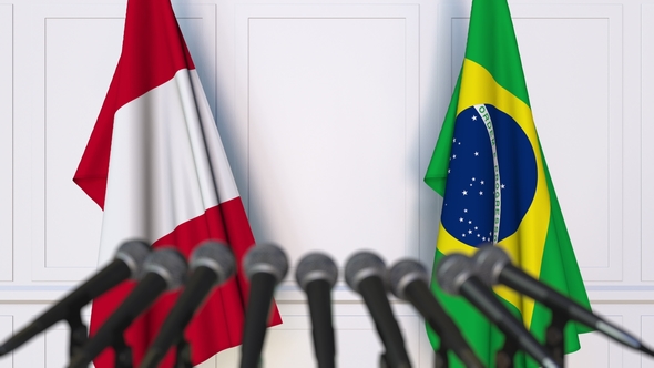 Flags of Peru and Brazil at International Press Conference alt
