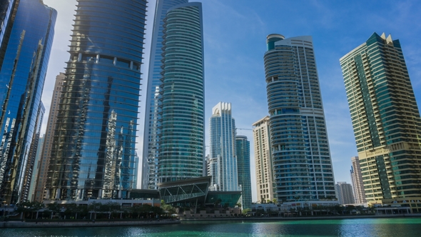 View on Skyscrapers at Waterfront, Residential Buildings in Jumeirah Lake Towers, Dubai, UAE.