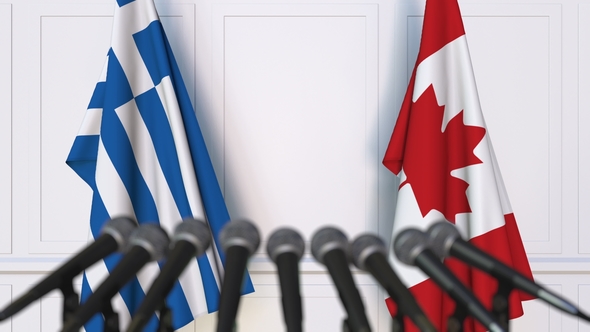 Flags of Greece and Canada at International Press Conference alt