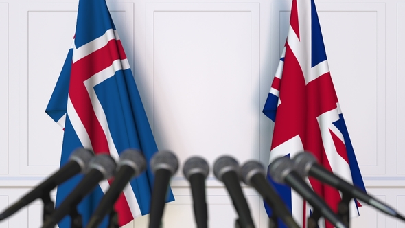 Flags of Iceland and the United Kingdom at International Press Conference alt