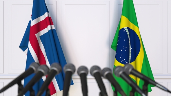 Flags of Iceland and Brazil at International Press Conference alt