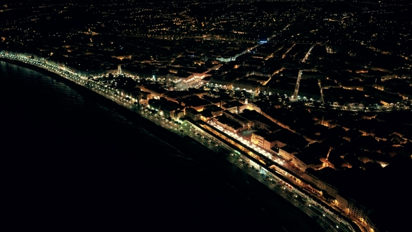 Night Aerial View of Illuminated Nice Town  in France Flight Over Promenade