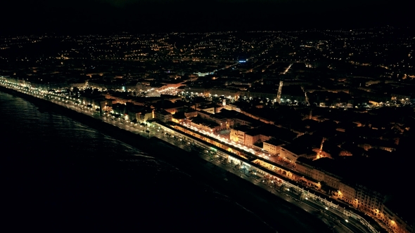 Night Aerial View of Illuminated Nice Town in France