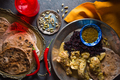 Chicken curry, rice and bread chapati on a metal plate. Indian dish - PhotoDune Item for Sale