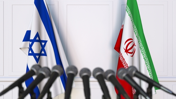 Flags of Israel and Iran at International Press Conference alt