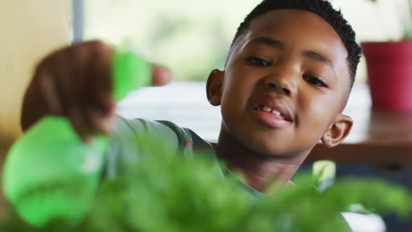 African american boy spraying water on the plant pot at home