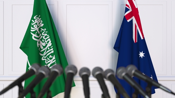 Flags of Saudi Arabia and Australia at International Press Conference alt