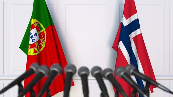 Flags of Portugal and Norway at International Press Conference alt