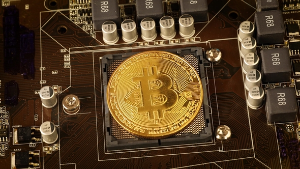 Gold Bit Coin BTC Coins on the Motherboard. Bitcoin Is a Worldwide Cryptocurrency