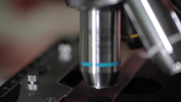 of Examining of Test Sample Under the Microscope in Laboratory.  of Microscope at the Bloo