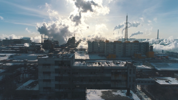 Chemical Plant for the Processing of Chipboard and Smokestack of a Furniture Factory