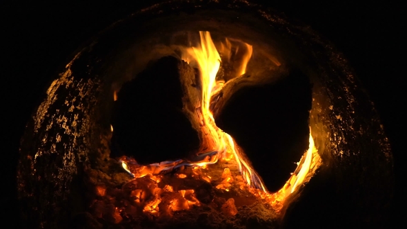 Large Birch Firewoods Burn in the Boiler.